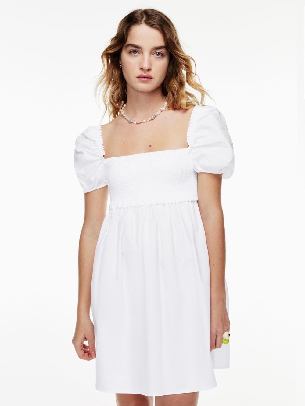 Aritzia White Smocked Puff Sleeve Dress L